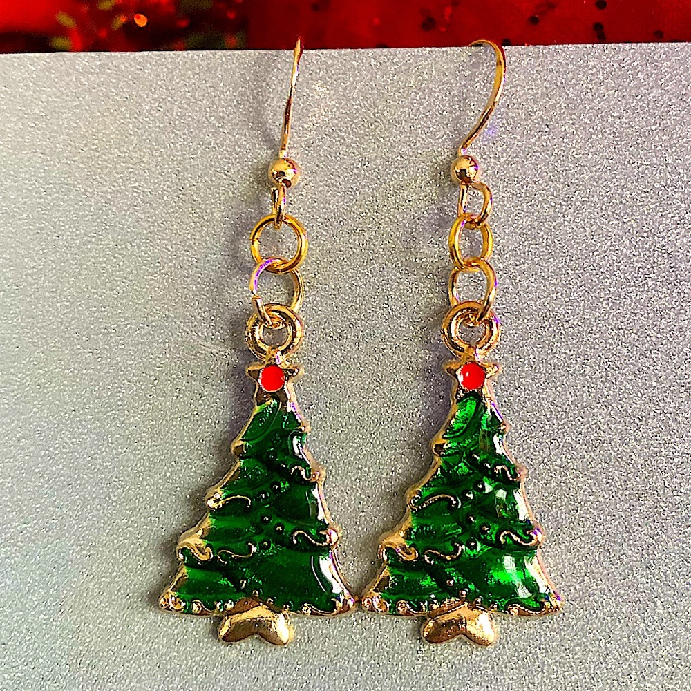 Festive Green and Gold Christmas Tree Earrings
